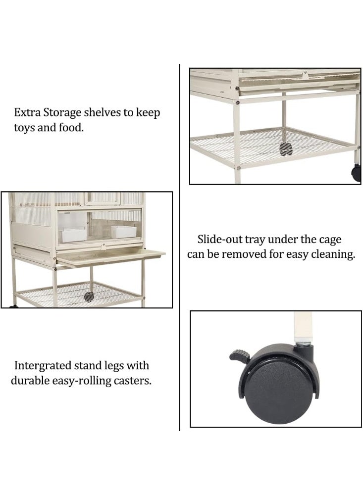 NNC PETS Small bird cage for Lovebirds, Conure, Budgies with Slide-out tray, Feeding bowls, Storage shelf, Wooden perch, and Universal wheels, Transparent bird cage for indoor & outdoor 84 cm (White) - Image 4