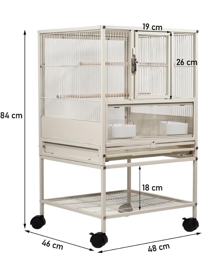 NNC PETS Small bird cage for Lovebirds, Conure, Budgies with Slide-out tray, Feeding bowls, Storage shelf, Wooden perch, and Universal wheels, Transparent bird cage for indoor & outdoor 84 cm (White) - Image 2