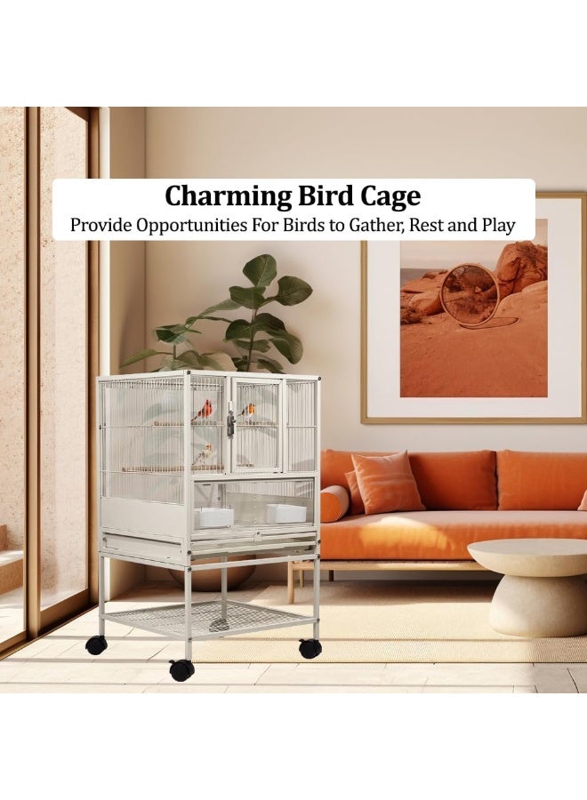 NNC PETS Small bird cage for Lovebirds, Conure, Budgies with Slide-out tray, Feeding bowls, Storage shelf, Wooden perch, and Universal wheels, Transparent bird cage for indoor & outdoor 84 cm (White) - Image 5
