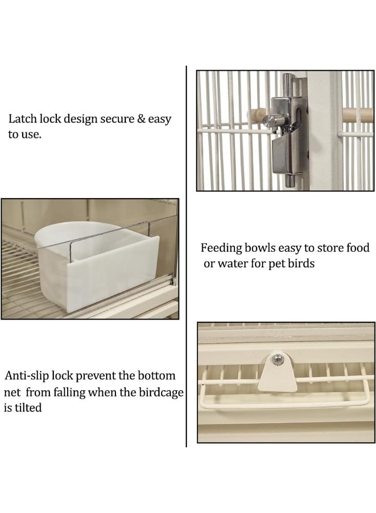 NNC PETS Small bird cage for Lovebirds, Conure, Budgies with Slide-out tray, Feeding bowls, Storage shelf, Wooden perch, and Universal wheels, Transparent bird cage for indoor & outdoor 84 cm (White) - Image 3