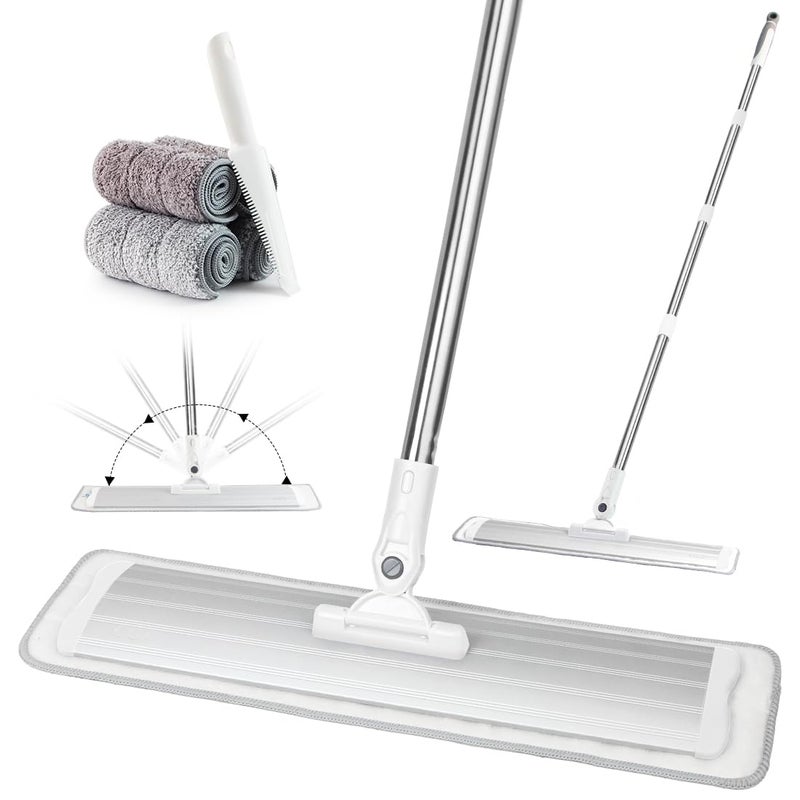 CQT Commercial Flat Microfiber Floor Mop Cleaning System 18 Inch Wet Dry and Dust Hardwood with 4 Washable Pads Cleaner for Laminate Tile Stainless Steel Handle and Extension PT12WET