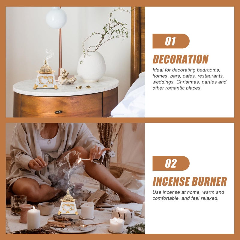 White Vintage Aromatherapy Incense Burner Resin Gold Metal Desktop Holder Home Decor - Image 5