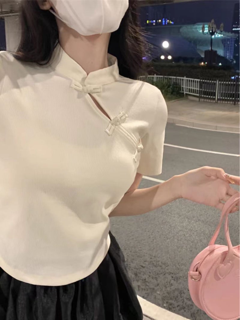 2024 new summer new Chinese style retro stand collar short sleeve T-shirt gentle elegant short top for women Apricot