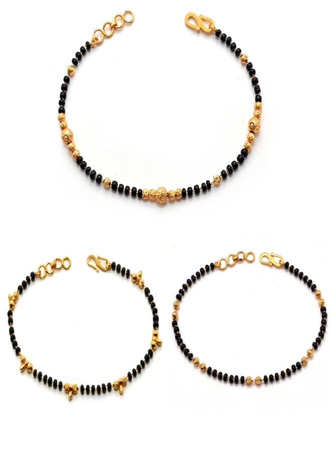 JHB Golden Gold-Plated Brass Bracelet 3 pis Combo for Women (Black Bead Hand Mangalsutra Bracelet) - Image 2