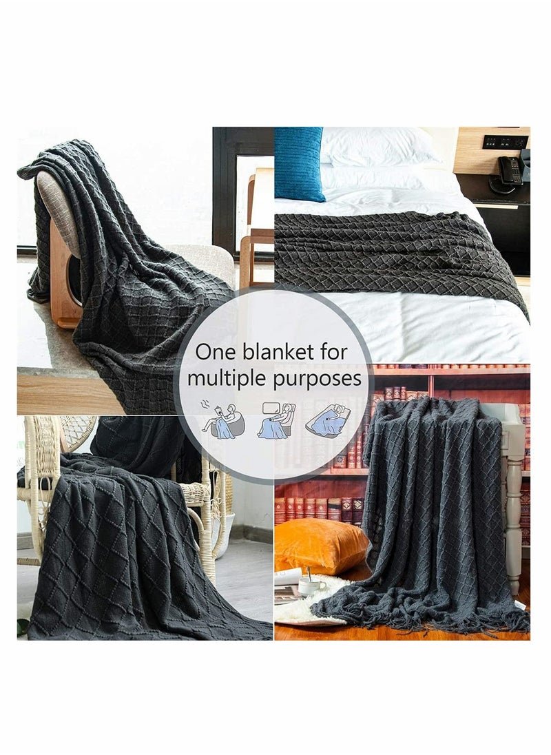 SYOSI - Acrylic Knitted Throw Blanket Lightweight and Soft Cozy Decorative Woven Blanket with Tassels for Travel Couch Bed Sofa Available All Year Round 51 x 67 Inch Dark Grey - Image 1