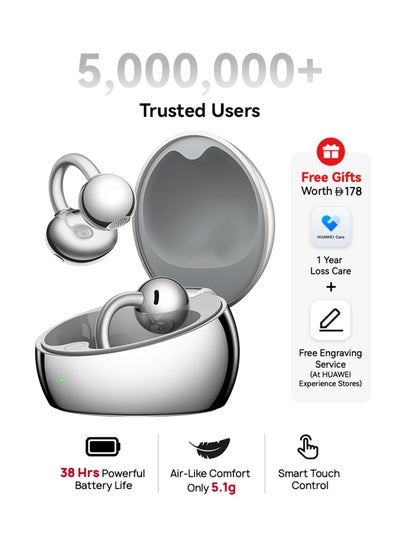 HUAWEI FreeClip 2 Special Edition Wireless Bluetooth Earbuds, Airy C-bridge Design, 38 Hours Long Battery Life, Compatible with iOS & Android, Crystal-clear Calls, IP57 Space Silver