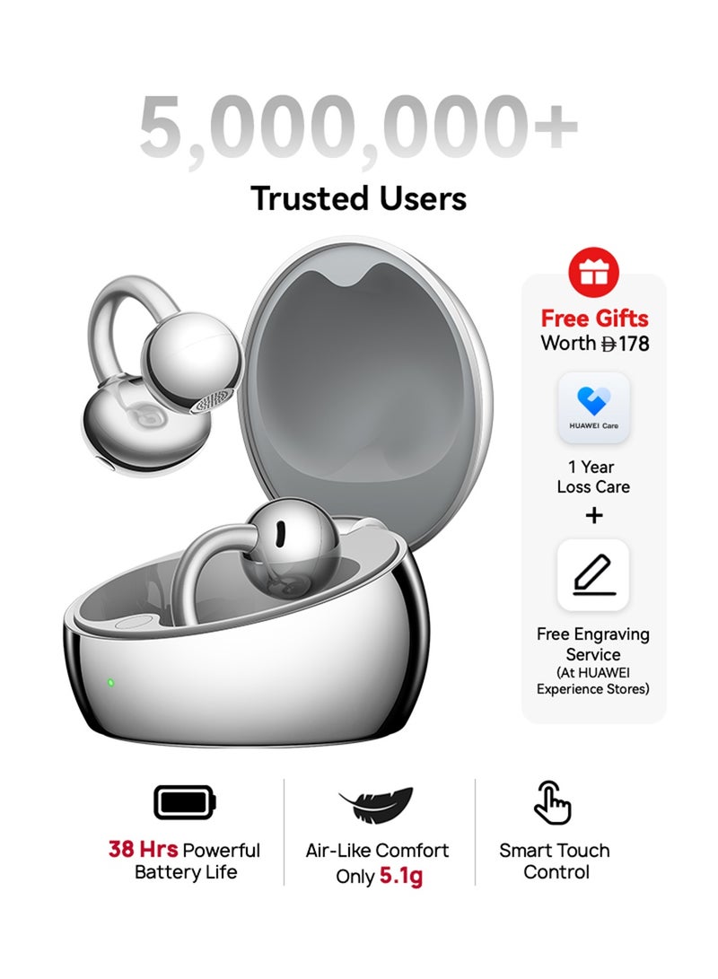 هواوي HUAWEI FreeClip 2 Special Edition Wireless Bluetooth Earbuds, Airy C-bridge Design, 38 Hours Long Battery Life, Compatible with iOS & Android, Crystal-clear Calls, IP57 Space Silver - Image 1