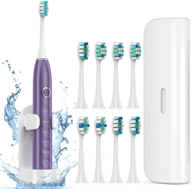 Fronix Electric Toothbrush for Adults with 8 Brush Heads, Sonic Toothbrush Rechargeable with a Holder & Travel Case, 2.5 Hours Charge for 120 Days Use - Purple - Image 1