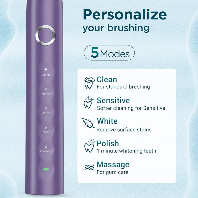Fronix Electric Toothbrush for Adults with 8 Brush Heads, Sonic Toothbrush Rechargeable with a Holder & Travel Case, 2.5 Hours Charge for 120 Days Use - Purple - Image 3