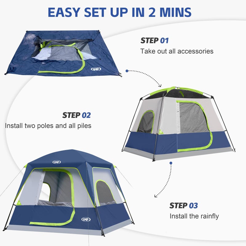 UNP 4-Person Tent, Portable Cabin Tent, Camping Tent 4-Person Easy Set Up, Waterproof with Top Rainfly for Outdoor Camping/Hiking (Dark Blue) - Image 5