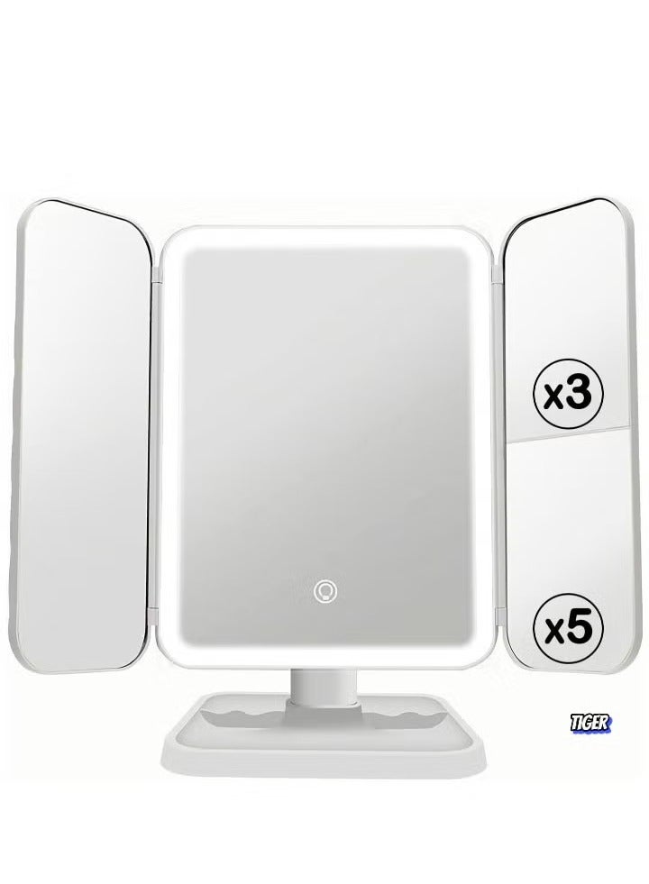 TIGER 3-Fold Lighted Makeup Mirror with 5X/3X/1X Magnification – 52 LED Vanity Mirror with Adjustable Brightness, Touch Screen Control, and 180° Adjustable Rotation – Portable and Foldable Countertop Cosmetic Mirror for Flawless Makeup Application - Image 1