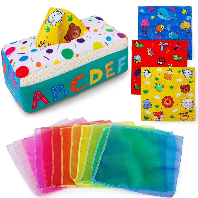 teytoy My First Baby Tissue Box Soft Stuffed High Contrast Crinkle Montessori Square Sensory Toys Juggling Rainbow Dance Scarves for Toddler Infants Newborns and Kids Educational Preschool Learning - Image 4
