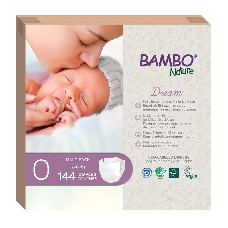 BAMBO NATURE حفاضات بامبو ناتشر المضادة للحساسية للأطفال، حفاضات مستدامة مع علامة بيئية مميزة، حماية معززة من التسرب، خالية تمامًا من الكلور، صديقة للبشرة، وامتصاص فائق - الحجم 0 (144 قطعة) - Image 1