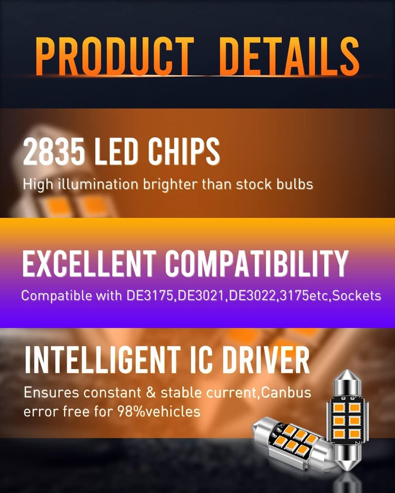 LUYED DE3175 LED Bulbs Warm White 6-SMD 2835 Chipsets Error Free 1.22 inches DE3021 DE3022 3175 LED Bulbs Used For Interior Map Dome Lights and License Plate Courtesy Lights,Pack of 2 - Image 2