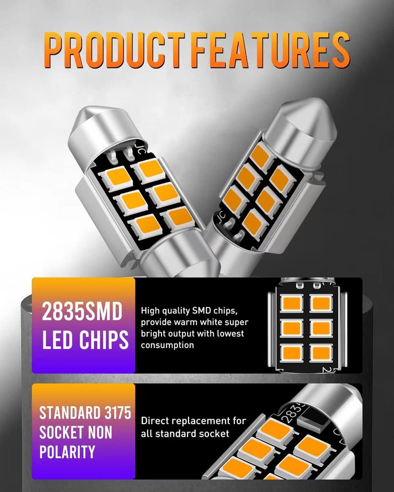 LUYED DE3175 LED Bulbs Warm White 6-SMD 2835 Chipsets Error Free 1.22 inches DE3021 DE3022 3175 LED Bulbs Used For Interior Map Dome Lights and License Plate Courtesy Lights,Pack of 2 - Image 5
