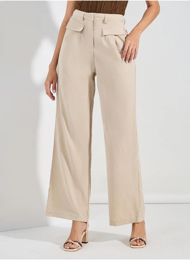 Styli Solid Flap Detail Straight Leg Pants