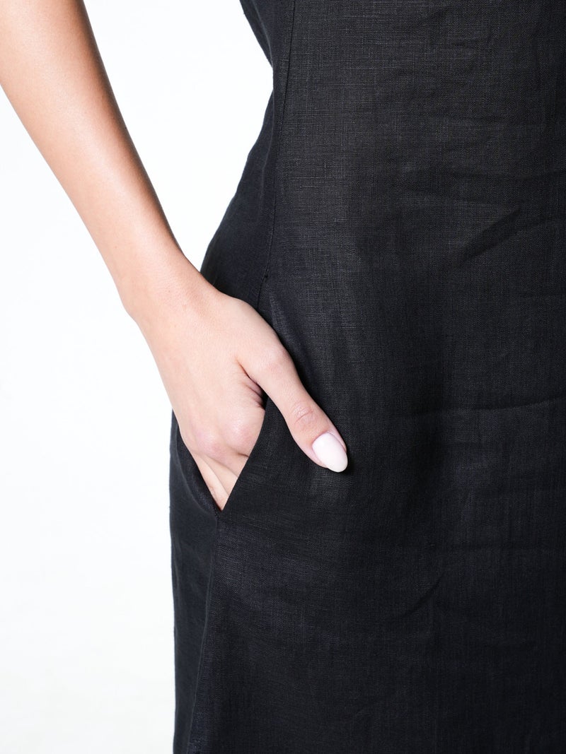 ميتامورفوزا فستان كتان غير متماثل (Asymmetrical) أنيق باللون الأسود - Image 4