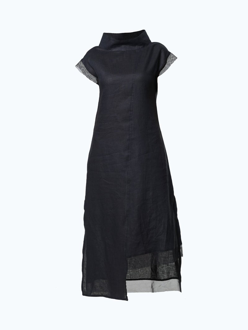 ميتامورفوزا فستان كتان غير متماثل (Asymmetrical) أنيق باللون الأسود - Image 3