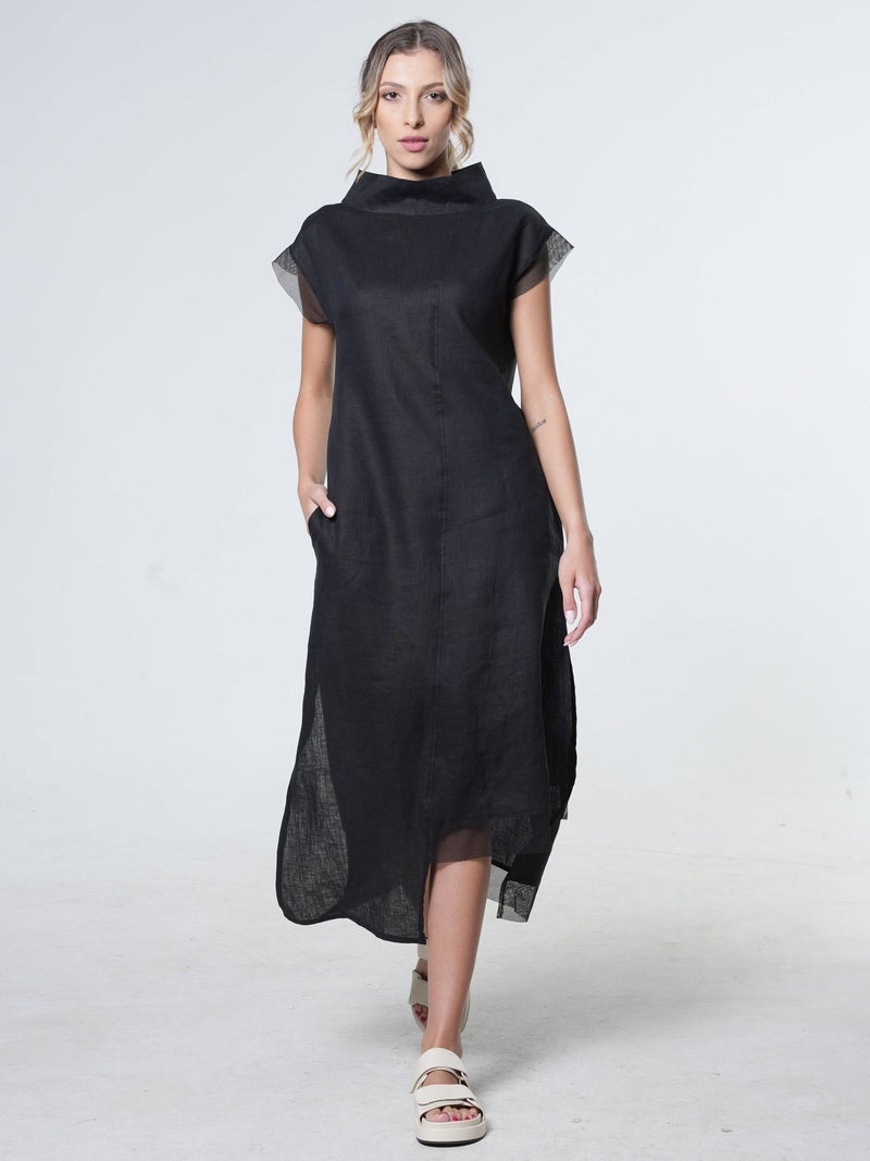 Metamorphoza Asymmetrical Linen Dress In Black - Image 1
