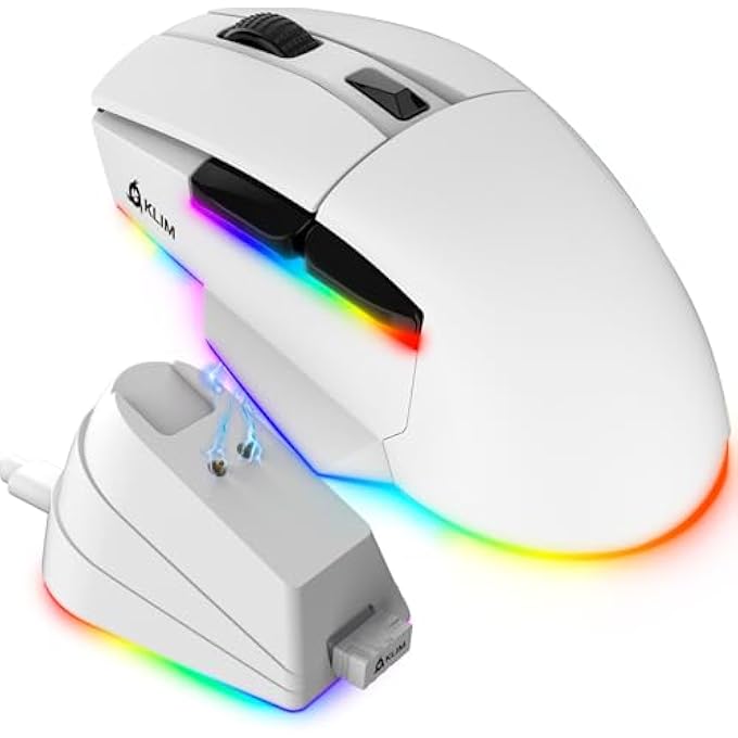 KLIM BLAZE X RGB + RECHARGEABLE WIRELESS GAMING MOUSE WITH CHARGING STATION + LONG LASTING BATTERY + UP TO 12000 DPI + WIRED & WIRELESS MOUSE PC, PS5, PS4, MAC + WHITE - Image 1
