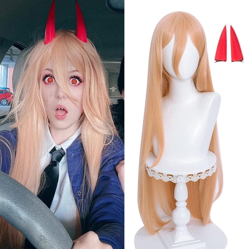 LABEAUTÉ Orange Cosplay -Power Wig + Horns for Girls Women Anime Long Straight Halloween Party Hair Wig with Cap - Image 1