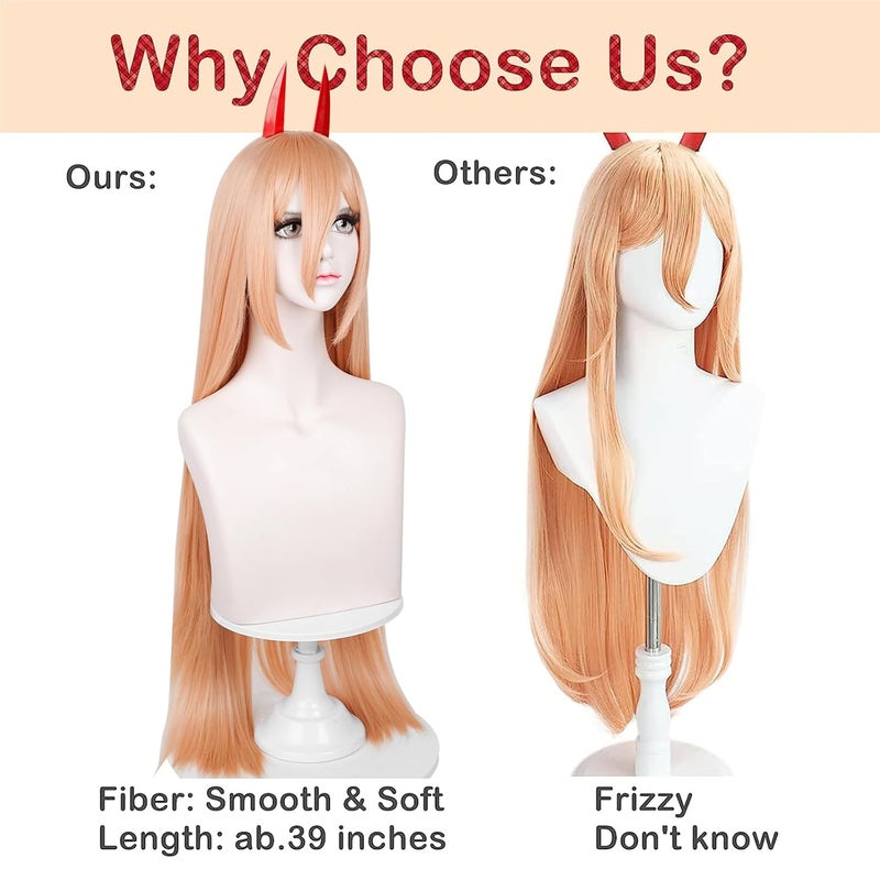 LABEAUTÉ Orange Cosplay -Power Wig + Horns for Girls Women Anime Long Straight Halloween Party Hair Wig with Cap - Image 2