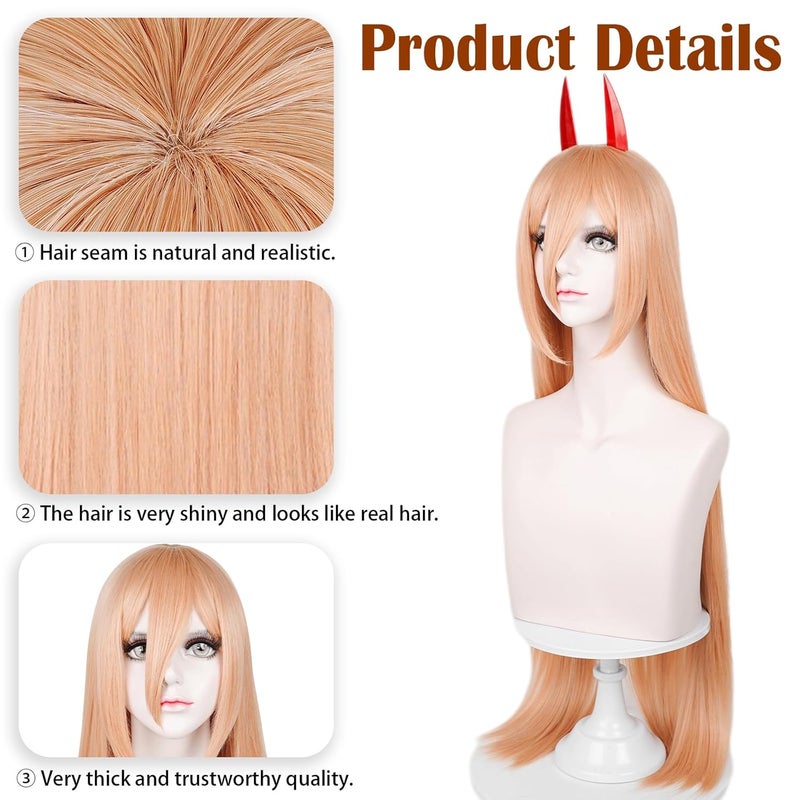 LABEAUTÉ Orange Cosplay -Power Wig + Horns for Girls Women Anime Long Straight Halloween Party Hair Wig with Cap - Image 5
