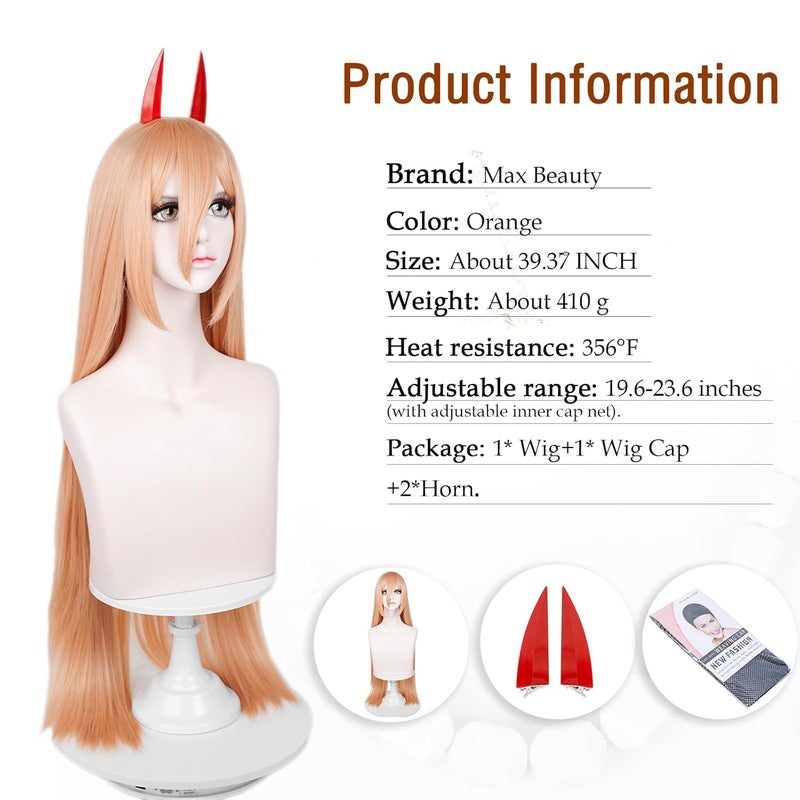 LABEAUTÉ Orange Cosplay -Power Wig + Horns for Girls Women Anime Long Straight Halloween Party Hair Wig with Cap - Image 4