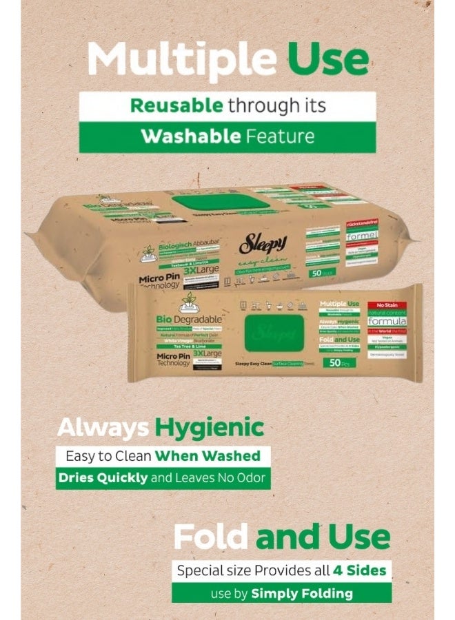 Sleepy Easy Clean Biodegradable Surface Wipes – 50 XL Wipes, Lime & Tea Tree Scent, Natural Formula, No Residue