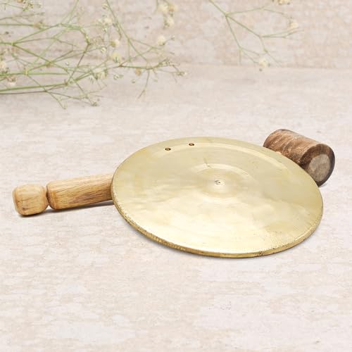 DOKCHAN Brass Round Ghadiyal Ghanta | Vijay ghanta | Bell Plate With Wooden Hammer for School And Pooja (Plate Size - 16.5cm | Hammer Size - 34cm) - Image 2
