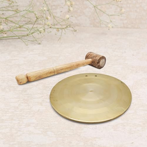 DOKCHAN Brass Round Ghadiyal Ghanta | Vijay ghanta | Bell Plate With Wooden Hammer for School And Pooja (Plate Size - 16.5cm | Hammer Size - 34cm) - Image 1