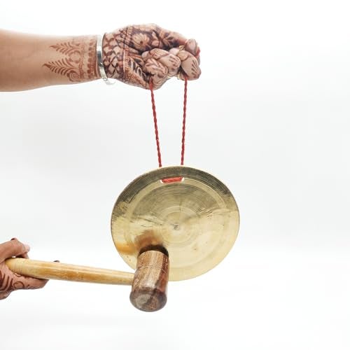 DOKCHAN Brass Round Ghadiyal Ghanta | Vijay ghanta | Bell Plate With Wooden Hammer for School And Pooja (Plate Size - 16.5cm | Hammer Size - 34cm) - Image 5