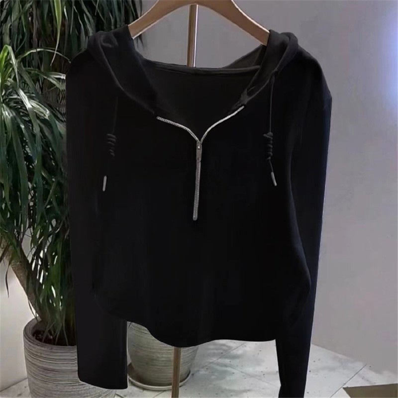 2023 Womens Casual Hoodie Solid Irregular Long Sleeve Tee Black  - Image 1