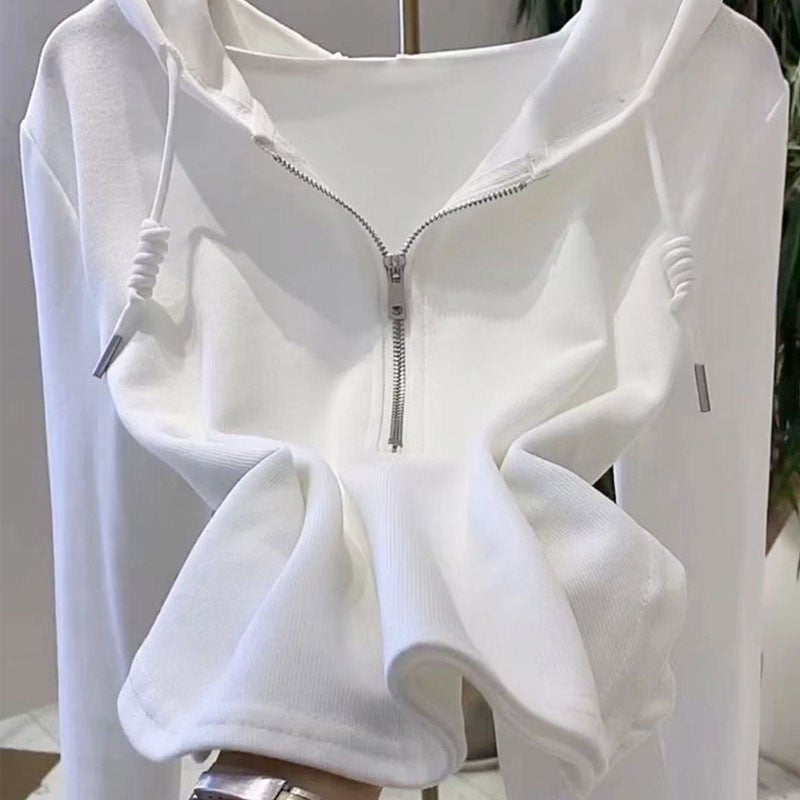 2023 Womens Casual Hoodie Solid Irregular Long Sleeve Tee Black  - Image 2