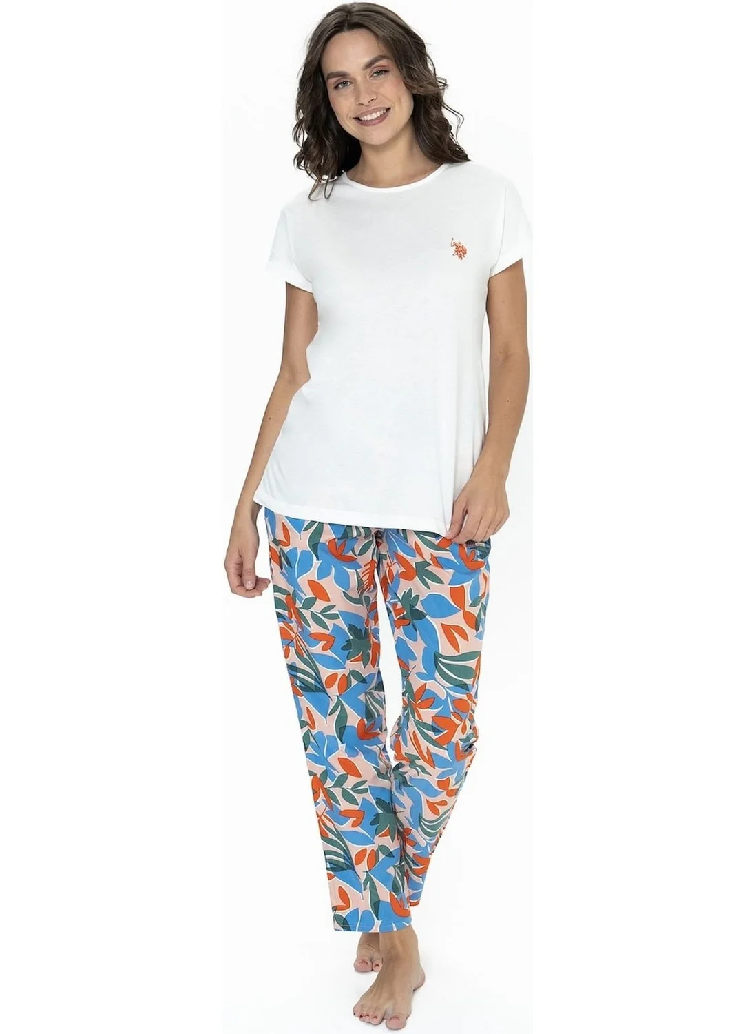 U.S. Polo Assn. 20097 Women's Short Sleeve Crew Neck Pajama Set-Ecru