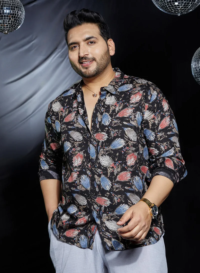 Instafab Plus Instafab Plus Men's Onyx Black Bloom-Traces Regular Shirt For Casual Wear | Spread Collar | Long Cuffed Sleeves | Button Closure | Plus Size Shirt Crafted With Comfort Fit For Everyday Wear