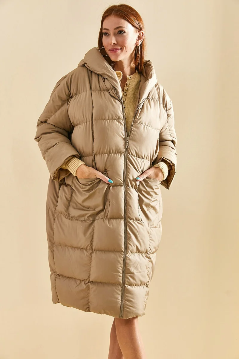 لايث Bat Sleeve Hooded Long Inflatable Coat