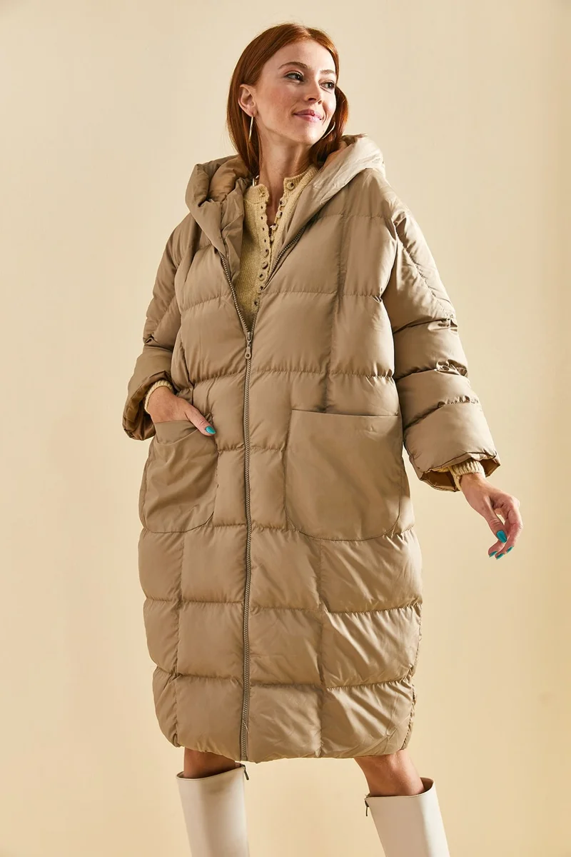 لايث Bat Sleeve Hooded Long Inflatable Coat