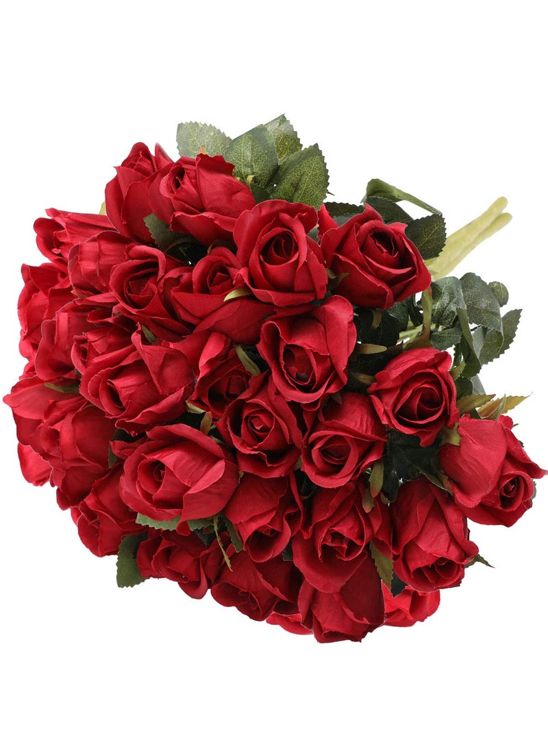 Hawesome Hawesome 3 Bunches Artificial Flowers Silk Roses Buds Realistic Bouquet Arrangement for Decoration Wedding Party Centerpieces Red 