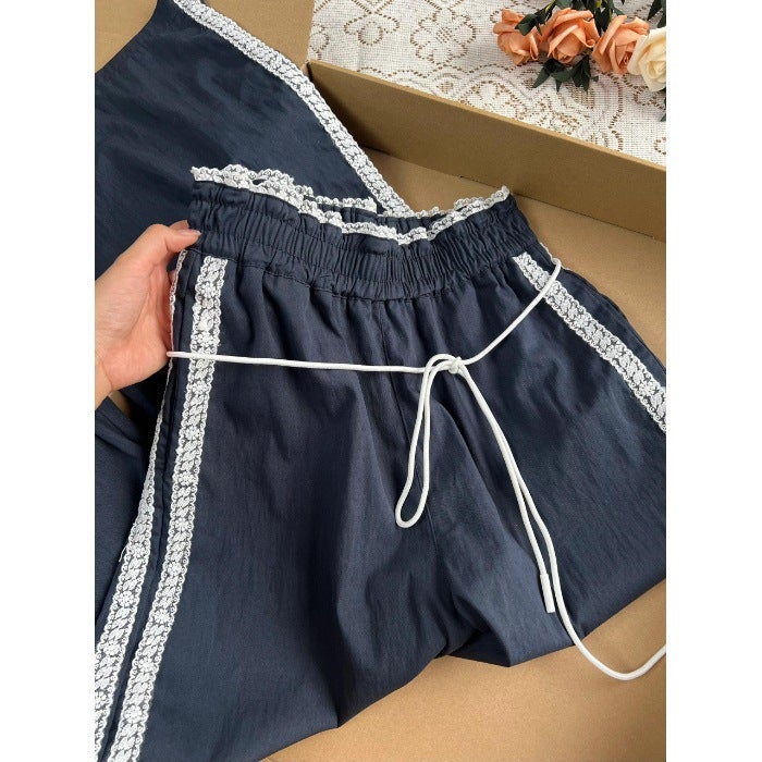 Korean Style Ballet Style Strap High Waist Casual Pants Womens Autumn High-end Lace Stitching Slimming Straight Wide-leg Pants Navy blue 