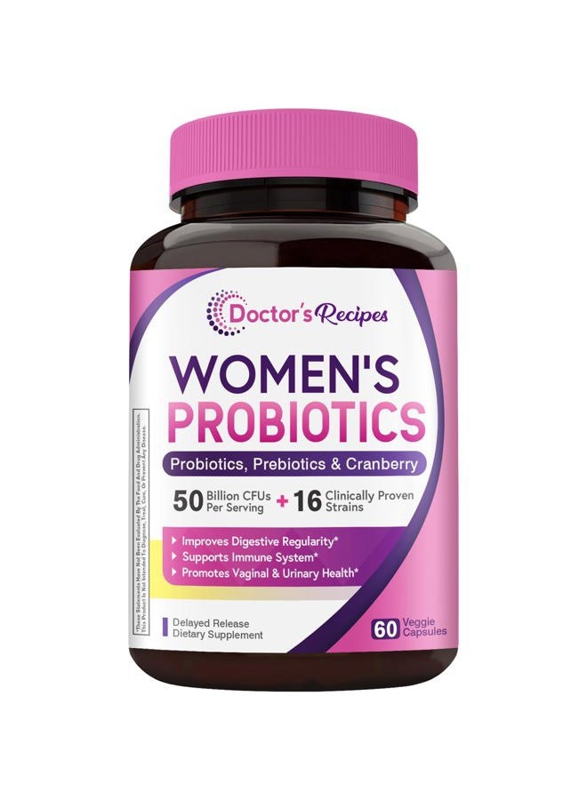 Doctor's Recipes بروبيوتيك للنساء، 60 كبسولة، 50 مليار وحدة تشكيل مستعمرة، 16 سلالة، مع البريبايوتكس العضوي، التوت البري، صحة الجهاز الهضمي والمناعة والجهاز البولي، مستقر على الرف، إطلاق متأخر، خالي من الغلوتين الصويا، منتجات ألبان - Image 1