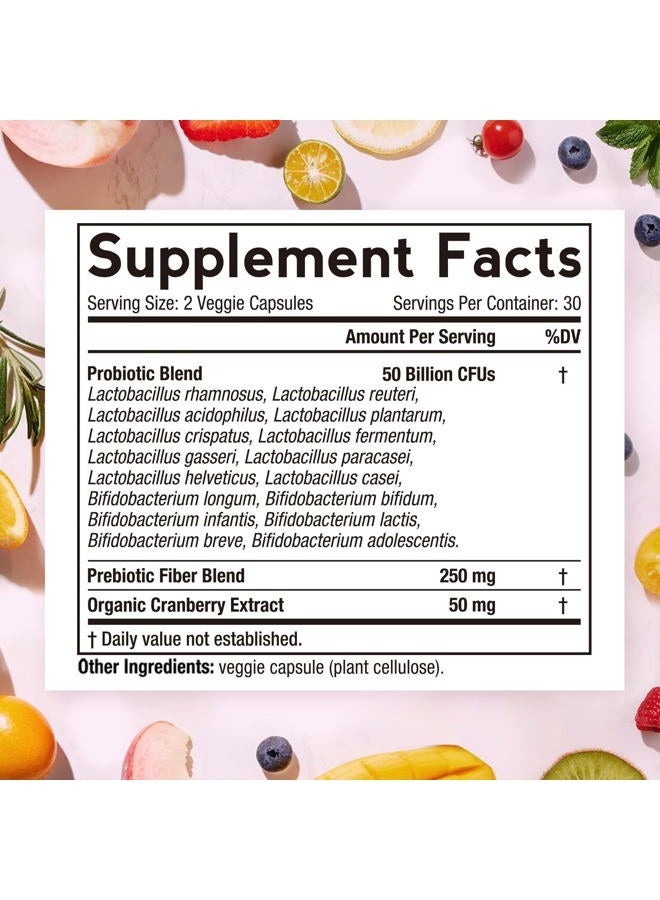 Doctor's Recipes بروبيوتيك للنساء، 60 كبسولة، 50 مليار وحدة تشكيل مستعمرة، 16 سلالة، مع البريبايوتكس العضوي، التوت البري، صحة الجهاز الهضمي والمناعة والجهاز البولي، مستقر على الرف، إطلاق متأخر، خالي من الغلوتين الصويا، منتجات ألبان - Image 2