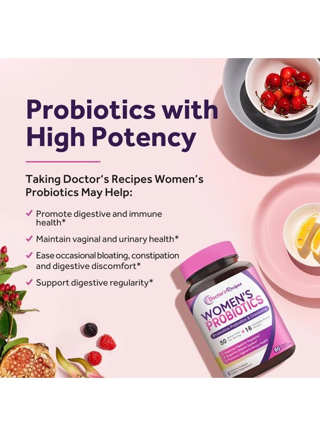 Doctor's Recipes بروبيوتيك للنساء، 60 كبسولة، 50 مليار وحدة تشكيل مستعمرة، 16 سلالة، مع البريبايوتكس العضوي، التوت البري، صحة الجهاز الهضمي والمناعة والجهاز البولي، مستقر على الرف، إطلاق متأخر، خالي من الغلوتين الصويا، منتجات ألبان - Image 3