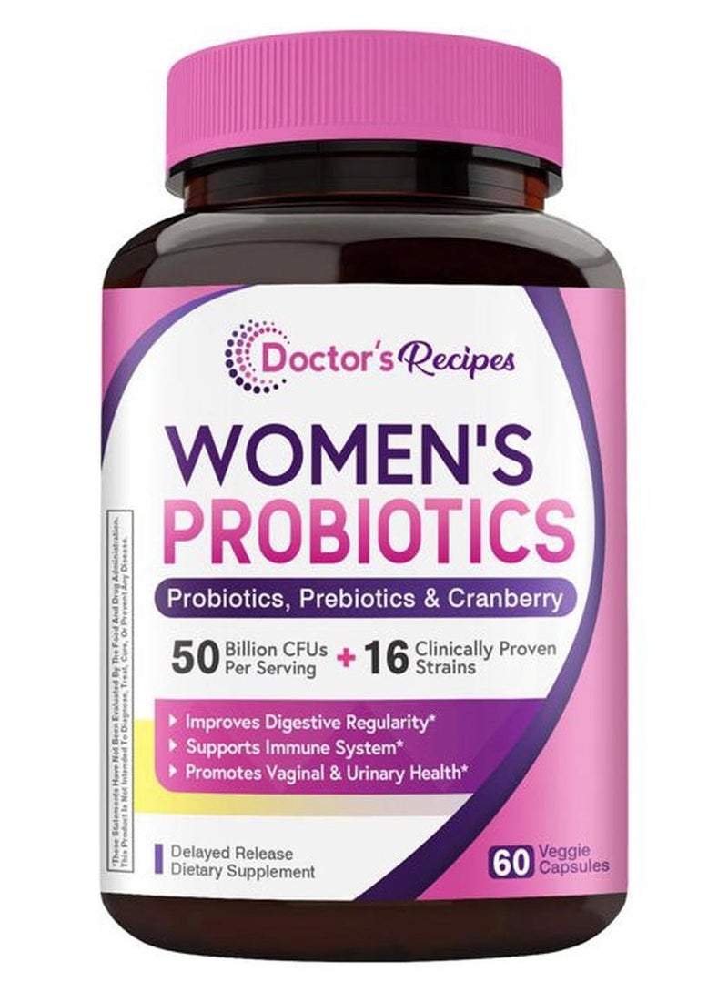 Doctor's Recipes Women's Probiotic, 60 Caps 50 Billion CFU 16 Strains, with Organic Cranberry, Digestive Immune Vaginal & Urinary Health, Shelf Stable, Delayed Release, No Soy Gluten Dairy - Image 1
