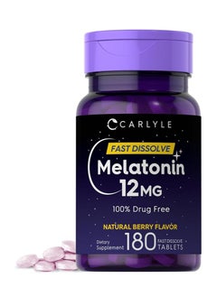 CARLYLE Melatonin 12mg Nighttime sleep aid Natural Berry Flavor 12mg 180 Tablest Fat Dissolve  - Image 1