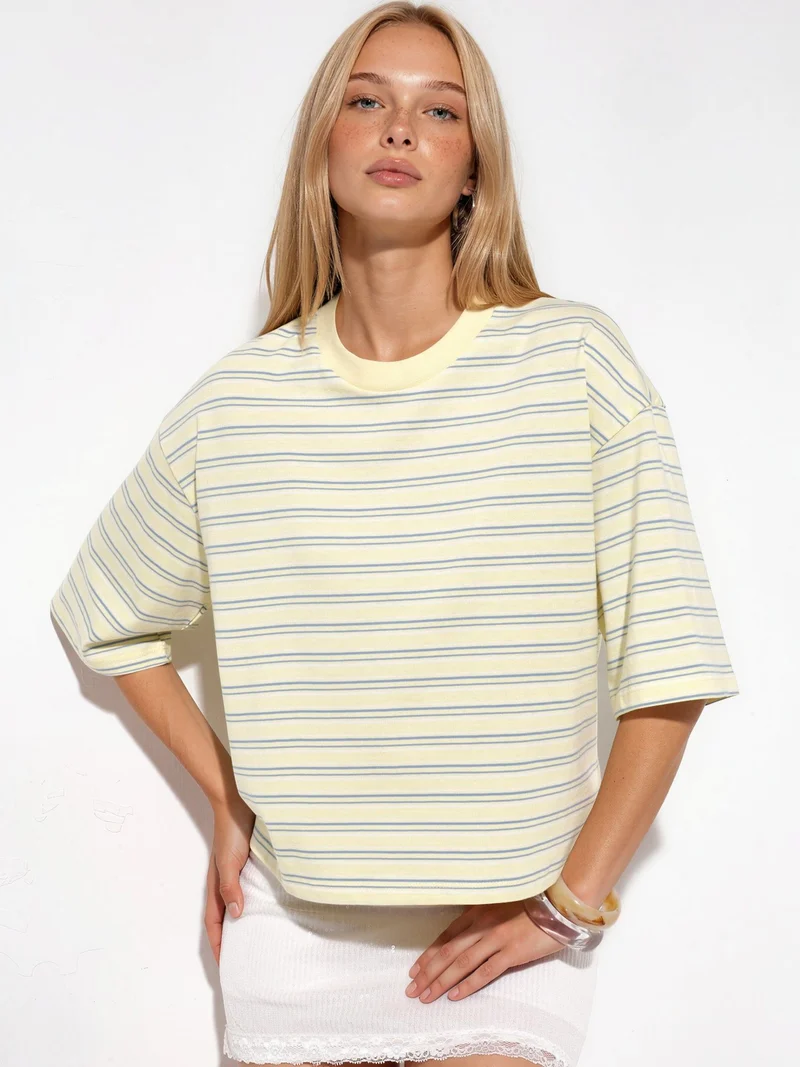 بوسيم BUSEM Oversized Striped Cotton Crew Neck T-shirt