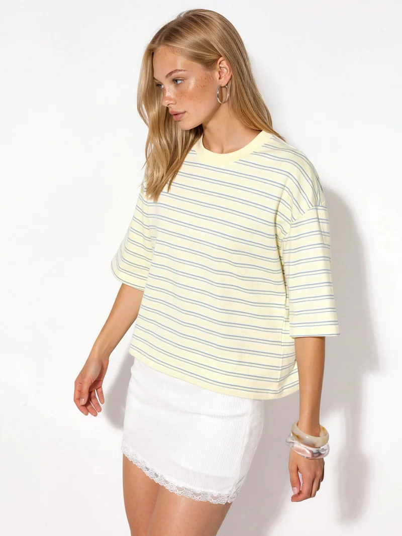 بوسيم BUSEM Oversized Striped Cotton Crew Neck T-shirt
