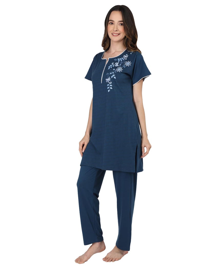 Duchess Women's Cotton Embroided Long Length Night Suit Set, Multicolour, XL - Image 5