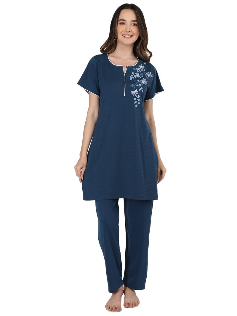Duchess Women's Cotton Embroided Long Length Night Suit Set, Multicolour, XL - Image 1