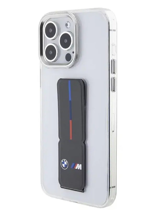 BMW M Grip Stand Clear Case with Leather Grip & Perforated Pattern for iPhone 15 Pro - Grey - Image 1